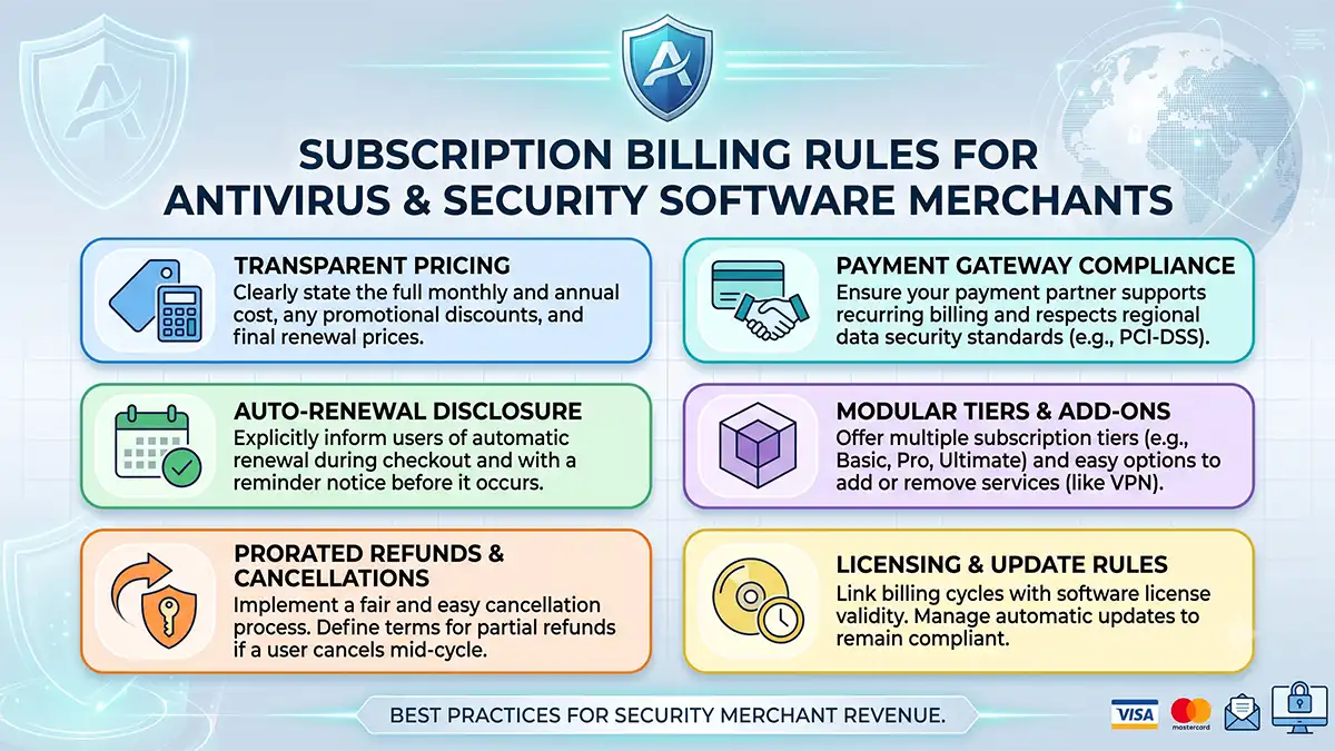 Subscription billing checkout for antivirus software merchant